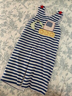 Striped Blue & White Kids Romper with Excavator Applique